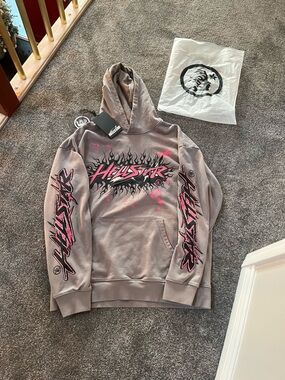 Hellstar Men's Crewneck Hoodie in Gray with Pink Graphic